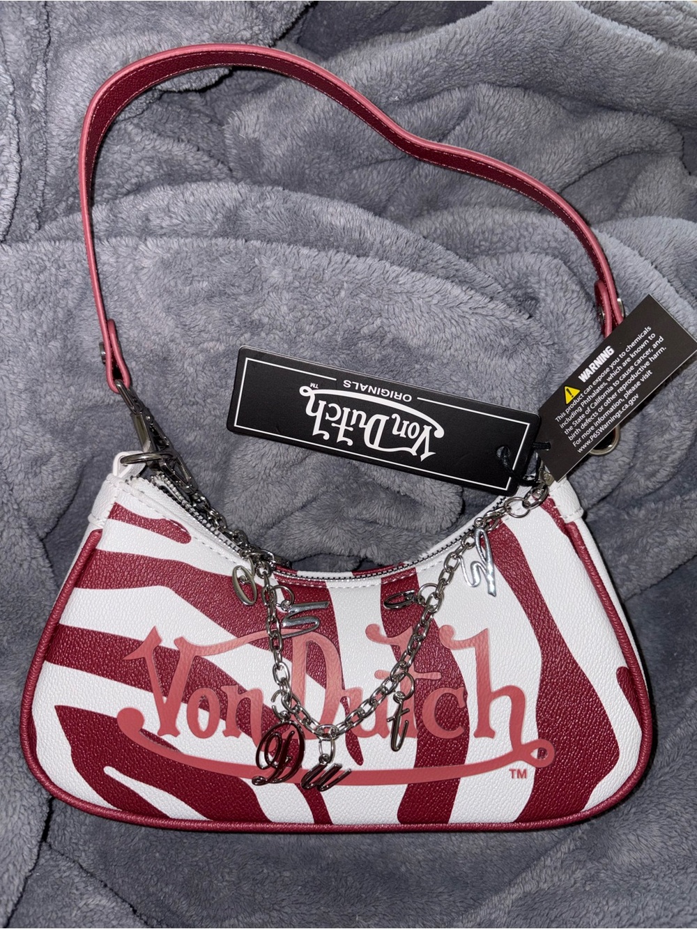 Von Dutch Red & White Zebra Logo Charm Shoulder Bag